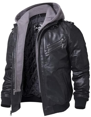 FLAVOR Giacca di Pelle Vera Uomo Moto Cappuccio Staccabile (Nero+Grigio, L)