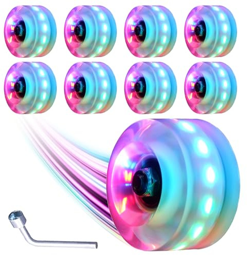 Nezylaf Light Up Roller Skate Wheels 8 Pack, 78A Hardness LED Skateboard Wheels with Premium ABEC-9 Bearings, Illuminating Roller Skate Accessories for Outdoor Indoor Quad Skates