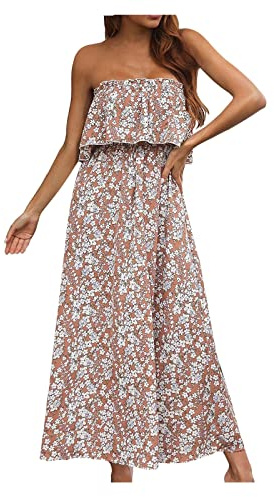 LINYOUY Abito estivo da donna, a fascia, da spiaggia, con fiori, senza maniche, senza spalline, abito da cocktail, abito lungo da donna, abito lungo, marrone, M
