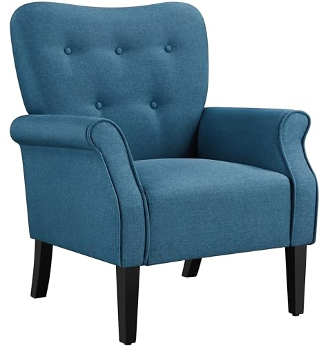 Yaheetech Modern Armchair, Mid Century Accent Chair with Sturdy Wood Legs and High Back for Small Space, Upholstered Fabric Sofa Club Chair for Living Room/Bedroom/Office, Navy Blue