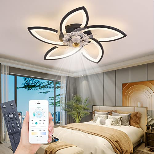 Leise Deckenventilator mit Beleuchtung, Schwarz Deckenleuchte Dimmbare mit Ventilator Fernbedienung APP 3 Farbtemperatur 6-Speed Decken Ventilatorn für Schlafzimmer Wohnzimmer Esszimmer, 70cm