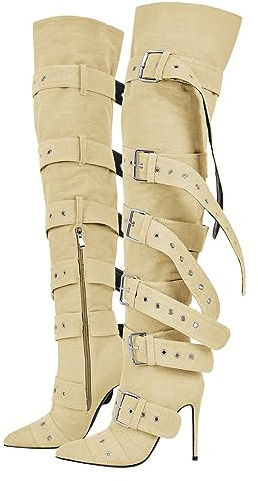 Yolkomo Thigh High Boots for Women Sexy Stiletto High Heel Over-The-Knee Denim Boots Wide Calf Pointed Toe Stiletto Boots with Belt Buckle Strap Over-Knee High Denim Jean Boots Nude Size 9