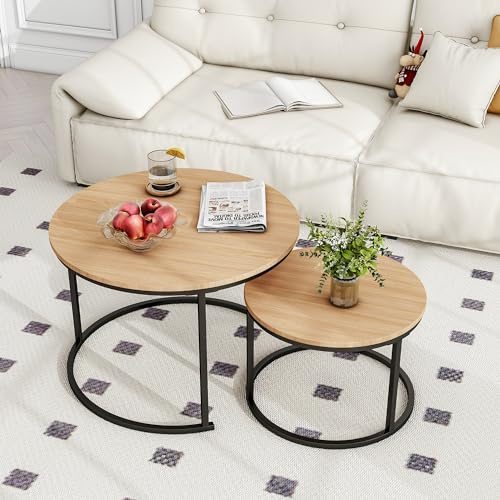 BOFENG Runder Nesting Couchtisch, 2er Set Beistelltisch für Wohnzimmer (Schwarz+Eiche, 2er Set)