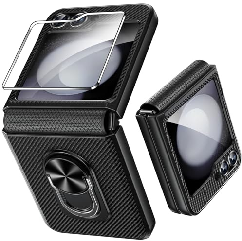 Fewdew for Samsung Galaxy Z Flip 7 FE/Z Flip 6 Case [Not for Z Flip 7] with Back Screen Protector & Hinge Protection,Ring Magnetic Kickstand Hard Shockproof Protective Cover,Carbon Fiber Black