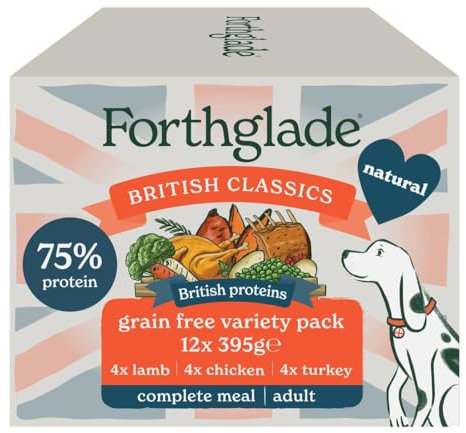 Forthglade British Classics Wet Dog Food Variety Pack (12 x 395g Trays) - Grain Free & Hypoallergenic Dog Food, Adult 1 Year+, Chicken, Lamb and Turkey with Vegetables, Stomach Sensitive Meals