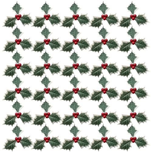 DBALL 30 Pièces Houx Noel avec Feuilles Vertes Decoration Amovible Houx Artificiel et Baies Rouges pour Fête Christmas comme Deco Noel Rouge DIY Guirlande Cadeaux