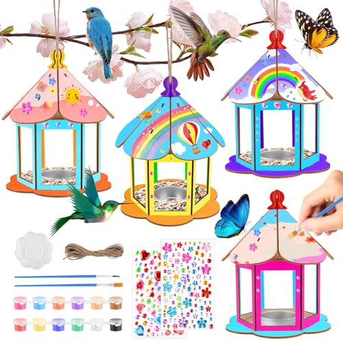 HGRGHH Vogelhaus Bausatz für Kinder, 4 Stück Vogelfutterhaus Bastelset, Holz Basteln für Kinder zu Bauen und Malen, Vogelhaus bastelset aus Holz, Spielzeug Geschenk für Mädchen Jungen 6 8 9 10 Jahre