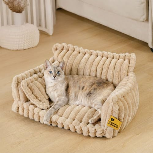 FUNNY FUZZY Snoozy Dream, lettino per cani e gatti di piccola taglia, letto ortopedico per cani, soffice, con fodera rimovibile e lavabile, in schiuma, di supporto, colore: cammello, M