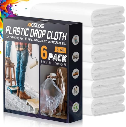 12 x 9 Ft Plastic Drop Cloths (6-Pack) - Disposable Painter's Sheeting & Tarps for Painting, Waterproof Furniture/Couch/Floor Protection