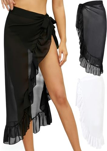 Monbessi 2 Stück Pareo Damen Strand Chiffon Durchscheinend Strandtuch Sarong Tuch Damen Strandrock Schnürschuh(Schwarz Lang + Weiß Lang)