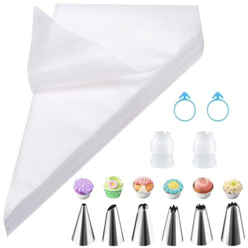 Spritzbeutel Einweg,100 Stück 20 × 30cm + 6 Spritztüllen + 2 Kuchentüllen + 2 Spritzbeutel Oberseiten Gummibänder Perfekt für Kuchen und Kekse