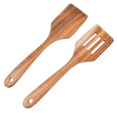 2 Pezzi Spatole da Cucina in Legno, Mestoli Legno Massiccio Resistenti al Calore, Utensili Cucina Antiaderenti con Scanalature, Set Spatole per Pentole e Wok