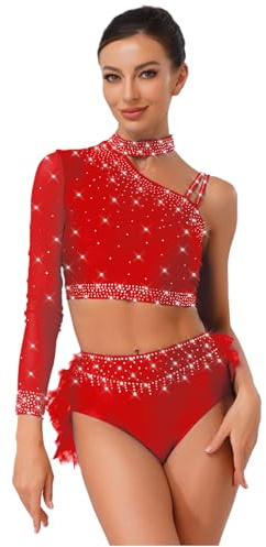 Oyolan Femme Costume Danse Moderne Jazz Robe Danse Latine Crop Top Strass Haut Une Épaule Short Tenue Patinage Gymnastique Rouge S