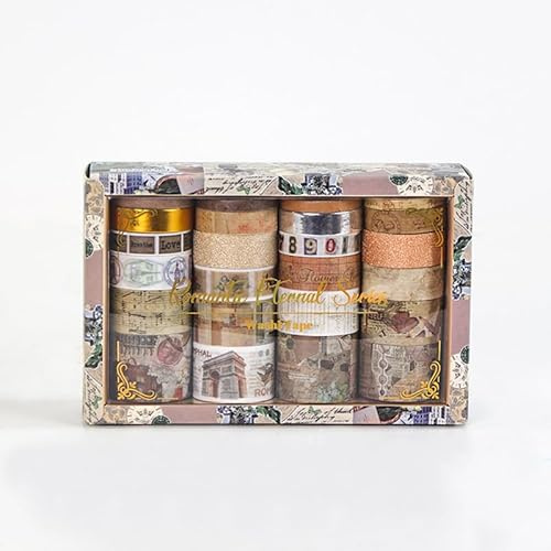 MSLSOZ Set di nastri washi 24 nastri decorativi vintage, motivi esclusivi, 5 dimensioni (1 oro, 1 argento) - perfetti per scrapbooking, journaling, DIY e regali(Marrone)