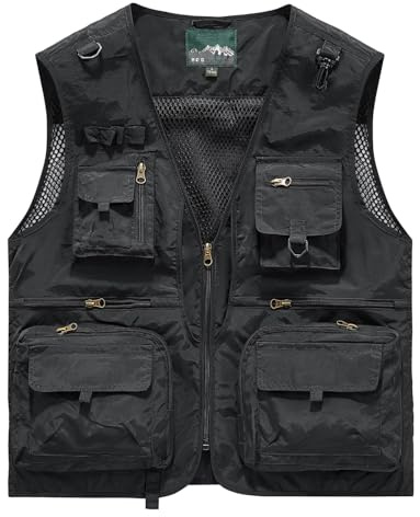 Sukany Men's Casual Outdoor Safari Fishing Vest Jacket Travel Cargo Photo Work Mesh Waistcoat with Multi Pockets Black-XL