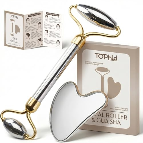 Rodillo facial y herramientas faciales Gua Sha, masajeador facial para autocuidado, rodillo de acero inoxidable para cara, esculpir la mandíbula y reducir la hinchazón