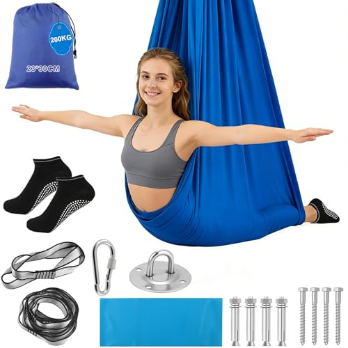 YnewL Set di amaca per yoga, 280 x 200 cm, per interni, yoga, 200 kg, max. 200 kg, con calze da yoga, elastico completo di accessori, allenamento anti-gravità (blu)