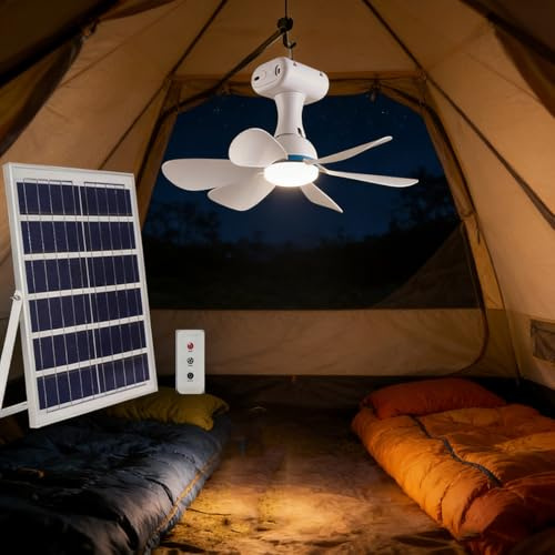 Bärbar Solenergidriven Fläkt med Belysning, 2 Inställbara Hastigheter, Takfläkt för Camping och Utomhusbruk, Medföljande Upphängningskrok, 6 Rundade Fläktblad, Tystgående, för Ventilation Inomhus
