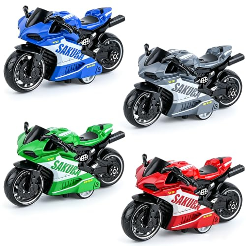 XEERUN 4PCS Motorcycle Model, Pull Back Motorcycle Toy, Mini Motorbike Model for Adult Collectors, Display Decor, Motorcycles Collection Gift, Red Green Blue Gray