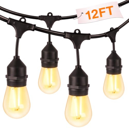 FRIDEKO HOME Waterproof Outdoor String Lights - 12Ft Commercial Grade Patio Lights Heavy Duty Light String Hanging Light Fixture with 11W S14 Bulbs for Deckyard Garden Porch Party Decor
