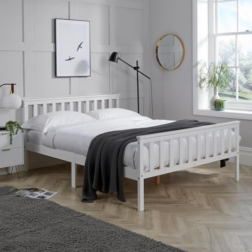 Home Source Florida Solid Wood Shaker Bed Frame, Natural Wood, White, 4ft 6in Double