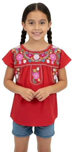 Traditional Puebla Mexican Youth Girl Embroidered Blouse Size 4-14