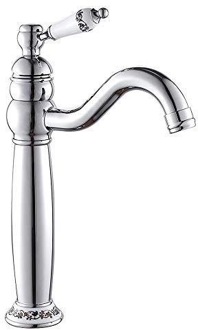 Mezclador de lavabo alto clásico de latón grifo monomando lavabo alto mango de cerámica para baño con agua caliente y fría (plata)