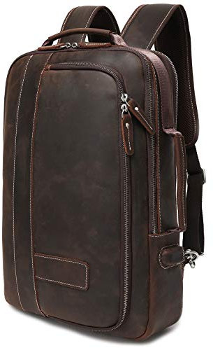 LANNSYNE Men's Full Grain Leather Expandable 15.6 Laptop Backpack Tote Shoulder Travel Bag Rucksack, Brown, L, Rucksack Backpacks