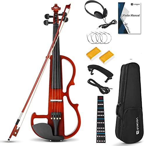 Vangoa Electric Violin 4/4 Full Size Silent Violin Set for Beginner Adults Teens, Solid Maple Wood Metallic Electronic Quite Violin with Ebony Fittings, Red Color