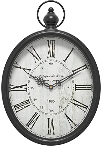 Menterry Horloge Murale rétro Ovale, Design Antique démodé, Style Vintage Rustique, Horloge Murale silencieuse fonctionnant à Piles pour Maison de Ferme, Cuisine, Bureau (Noir)