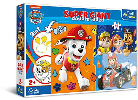 Trefl Primo - Paw Patrol, Rencontrez Pat Patrouille- 3en1 : Puzzle de 15 Très Grands Eléments, Livre de Coloriage, Jeu avec des Eléments de Coloriage, Puzzle Coloré avec des Personnages de Conte
