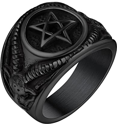 Bandmax Mens Black Stainless Steel Rings Sigil of Baphomet Ring Pentacle Signet Ring with Pentagram Punk Gothic Rings for Men