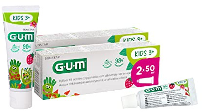 Dentifricio GUM KIDS 3+ | studiato appositamente per i denti da latte | consistenza gel| sapore di fragola | 2 x 50 (con 1 campione extra)