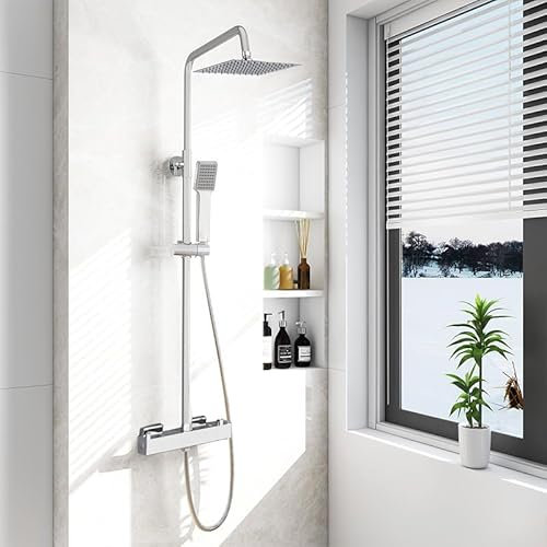 Aica Columna de Ducha con Termostato 38℃, Ducha de Baño, Rociador cuadrado con flexo de acero inoxidable, Ducha Lluvia, Teleducha y Barra ajustable en altura