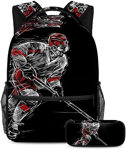 VAPOKF Set di zaini per la scuola per ragazze e ragazzi, zaino per studenti, zaino con astuccio, per la scuola, giocatore di hockey su ghiaccio, Multi, Taglia unica, Set di borse da scuola