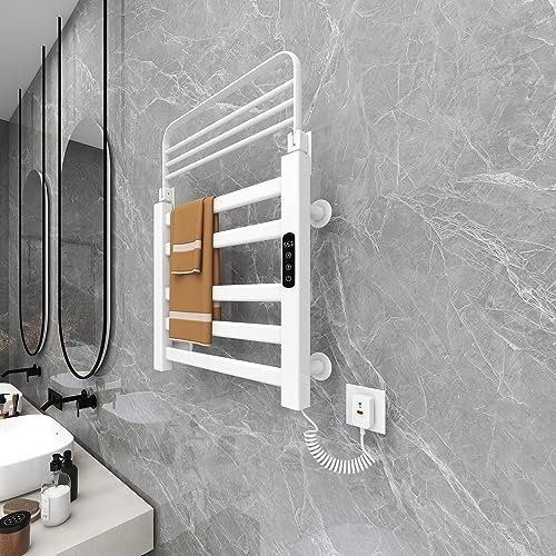 LCD Control Táctil Toallero Electrico Baño, Radiador Toallero Electrico Bajo Consumo Tiempo 1-9H, Ajuste de Temperatura 85-158 ℉, Estante Plegable de 90°,Sistemas de Seguridad, 4 Modos,Blanco