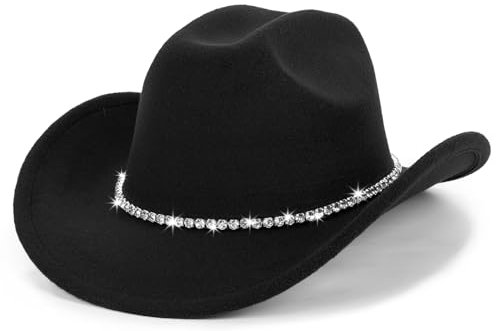 HilyBony Western-Strass-Cowboy-Cowgirl-Hut für Damen, Fedora-Jazzhut mit glitzerndem Band