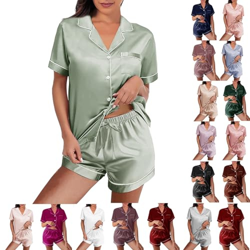 WJing Yi Jia Womens Silk Satin Pajamas Two-Piece Sleepwear, Sage-W, L