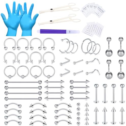 WillTen 100PCS Piercing Kits für alle Piercings, 12G 14G 16G Piercing Set Werkzeuge für Nase Septum Bauchnabel Lippe Zunge Knorpel Ohr Tragus Helix Piercing mit Piercing Schmuck Klemmen Tool Kit