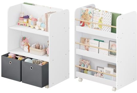 WOLTU Kinderregal beweglich, 2 in 1 Bücherregal Spielzeugregal, Kinder Regal mit Boxen, zweiseitiger Stauraum, Mehrzweckregal auf Rollen, für Kinderzimmer, Holz, 62,5x82,5x40 cm, weiß