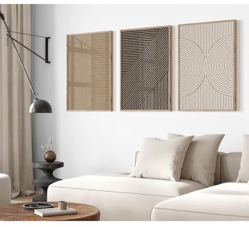 Set di 3 stampe artistiche da parete in stile bohémien, stile astratto, neutro, decorazione da parete, linea minimalista, beige, marrone, nero, poster di metà secolo, per soggiorno e camera da letto,