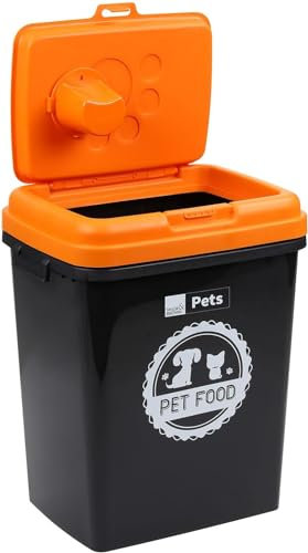 Greenfields 40L/15KG - Pet Food Storage Airtight Storage Container with Flip Top Locking System - Integrated Scoop Food Dispenser Bin, Birds, Pets, Cat, Dog, Fish, Pellet (Black/Orange)