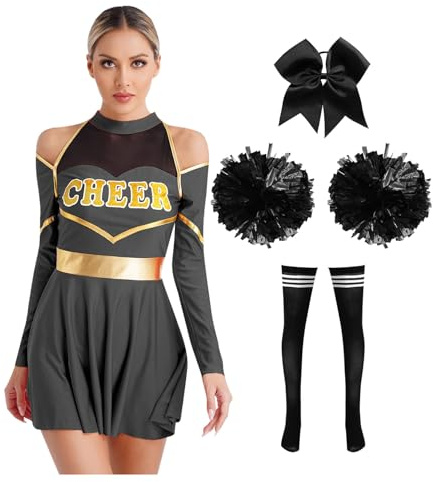 inlzdz Costume de Pom-pom Girl Uniforme Cheerleading Déguisement Carnaval Robe Plisée & Élastiques Cheveux & Pompon Femme S-XXL B Noir-a S