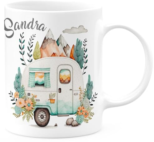 miKalino Keramik Tasse Personalisierter Camping-Becher, Niedlicher Wohnwagen mit Blumen und Bergen, Geschenk für Camper, Retro Caravan Kaffeetasse, Farbe:weiss, Grösse:330ml