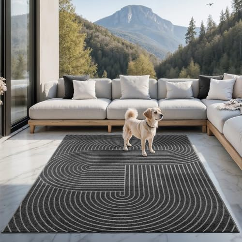 the carpet Santo Plus Outdoor Teppich – Wetterfest & Pflegeleicht, Balkon Teppich, Terrasse & Garten, Flachgewebe Indoor & Outdoor, Modern für Wohnzimmer & Schlafzimmer, Anthrazit, 120 x 160 cm