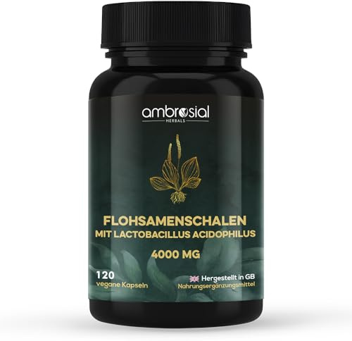 Ambrosial Psyllium Husk 4000 mg with Probiotics – 2-in-1 Plant-Based Fiber & Probiotic Complex – Natural Daily Fiber Source with Lactobacillus Acidophilus – 120 Vegan Capsules – Non-GMO, Gluten-Free