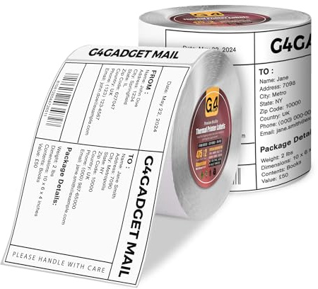 G4GADGET Thermal Labels 100 x 150 mm (4 x 6) [2 Rolls - 475 Labels Each] | Premium Direct Thermal Printer Labels | Compatible with Zebra, MUNBYN, Rollo | Shipping, Courier & Barcode Labels