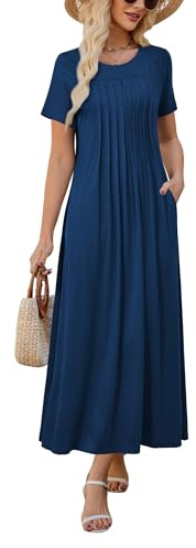 KILIG Summer Dresses for Women UK Short Sleeve Maxi Dress Ladies Pleated Long Dress with Pockets for Beach Vacation
