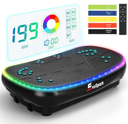 EvoSpark - Piastra vibrante 7 in 1 4D PRO con sistema a triplo motore da 900 W, piastra vibrante per tutto il corpo con 9 effetti di luce LED freddi, 199 velocità regolabili, capacità 250 kg