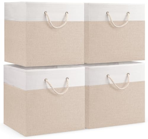woodluv Storage Cube Boxes Large, Set of 4 Foldable Storage Basket for Cupboards, Shelves, Closet, Set of 4, Beige, 33 x 33 x 33 cm